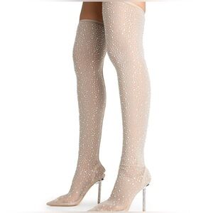 Diamante Holographic Detailed Mesh Pointed Toe Stiletto Sock Boot Heels